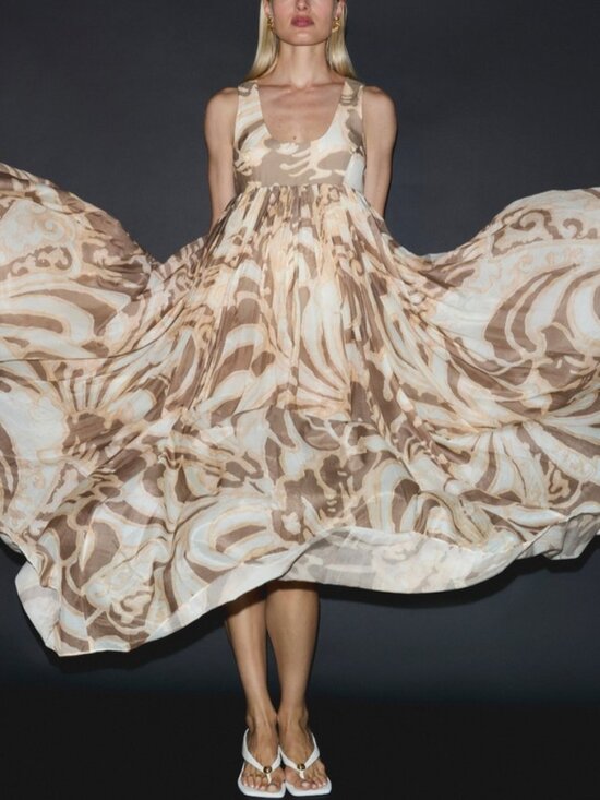 Antipodean Dresses & Skirts - Antipodean Fragments Flared Maxi Dress AU10/US6 Silk-Cotton Beige Floral